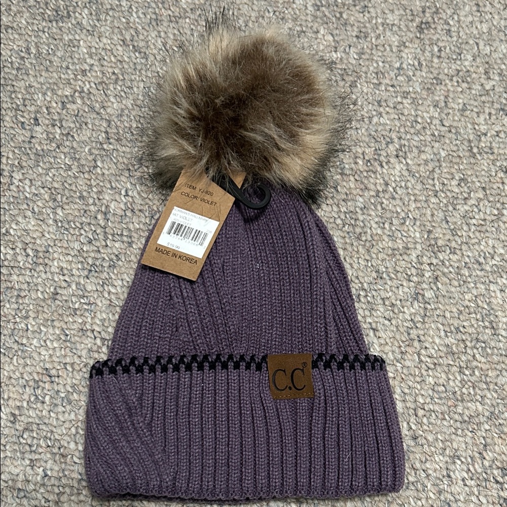 C.C Lavender Knit Beanie with Faux Fur Pom